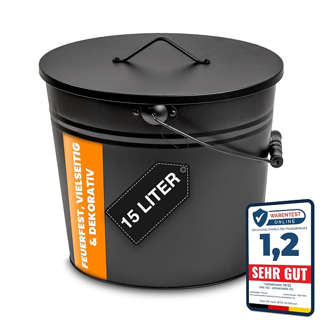 Seau à cendres noir mat de 15 litres, à poignée de bois et couvercle bien ajusté