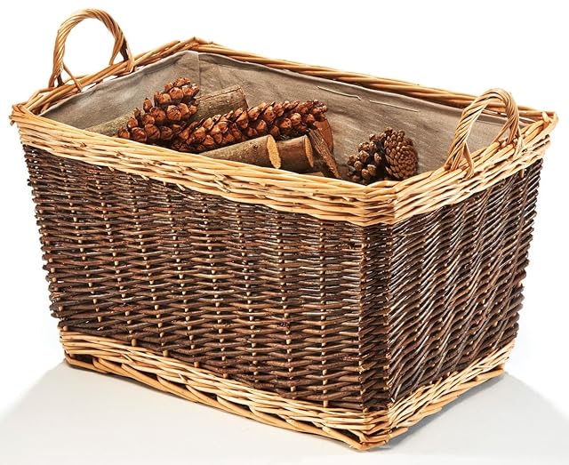 Panier à bûches en osier tressé brun avec doublure en jute amovible et anse solide