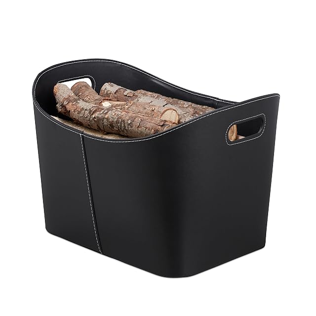 Panier à bûches ovale en simili cuir noir à deux poignées de portage