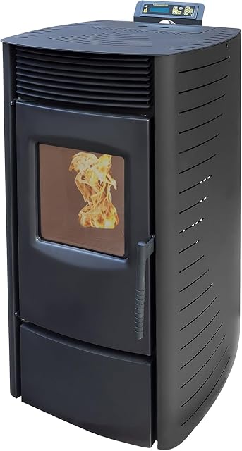 Poêle à granulés Nemaxx P9 noir, à écran multifonction au-dessus d’une haute vitre de foyer