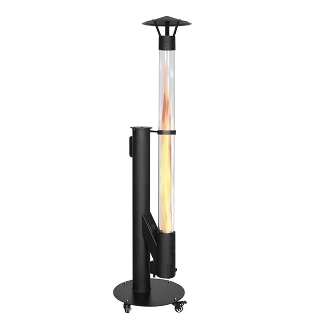 Poêle à granulés QH HeatRocket P07 noir et cylindrique, posé sur des roulettes