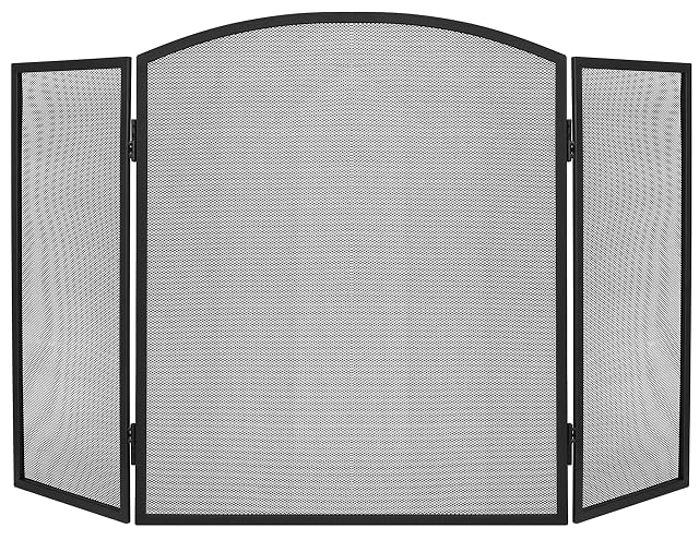Pare-étincelles noir à trois panneaux et maille en acier inoxydable, 118 centimètres de long et 76,5 de haut