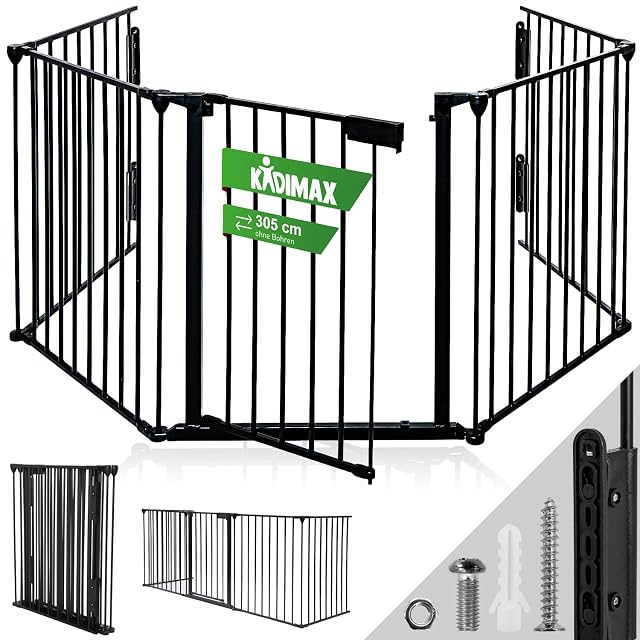 Barrière de cheminée pliante noire à cinq éléments de trois mètres de long avec porte intégrée