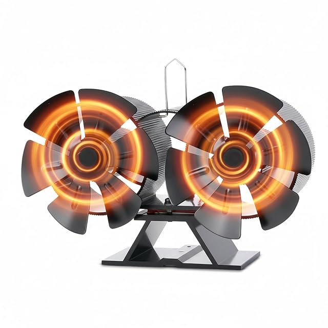 Ventilateur de poêle Ambesty en aluminium anodisé, à deux hélices côte à côte sur une base unique