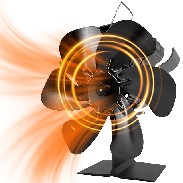 Ventilateur de poêle Jumoking noir à six pales, placé à l’angle arrière d’un dessus de poêle