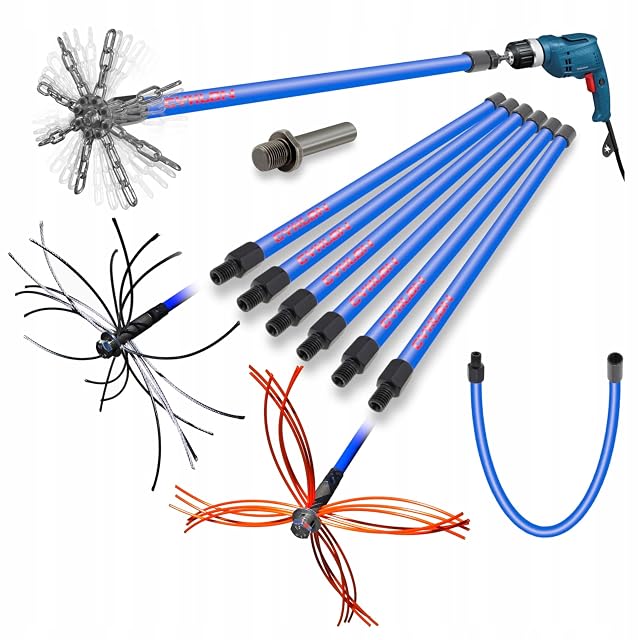 Kit de ramonage rotatif avec têtes à chaînes, acier et nylon et dix mètres de canne en polyamide
