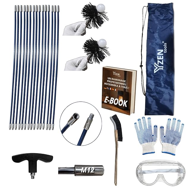 Kit de nettoyage pour poêle à granulés avec neuf mètres de cannes souples, brosses nylon, gants, lunettes et sac