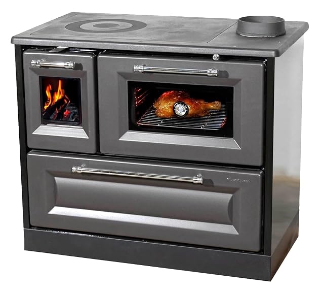 Cuisinière à bois anthracite à plaque en fonte, four vitré à thermomètre, de 7,7 kilowatts