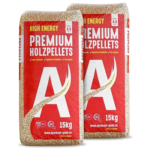 Deux sacs de 15 kg de granulés de bois premium fabriqués en Bavière, certifiés ENplus A1 et DINplus