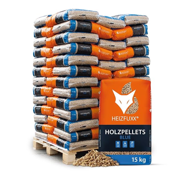 Palette de 975 kg composée de soixante-cinq sacs de 15 kg de granulés de résineux HEIZFUXX Blue ENplus A1