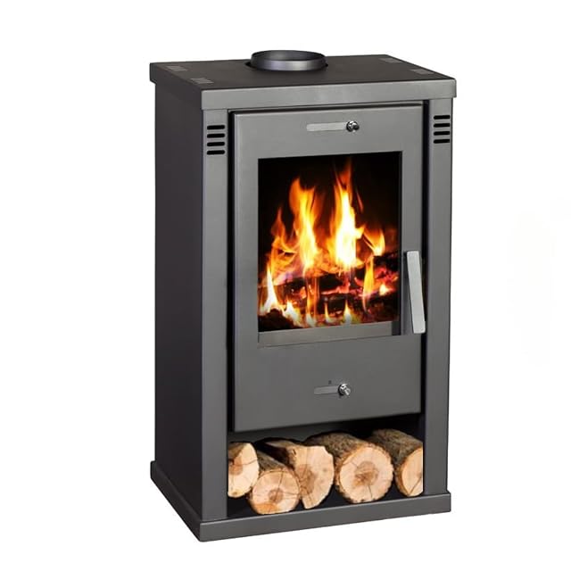 Poêle à bois Balkan Energy Talon gris graphite, avec niche à bûches ouverte sous le foyer