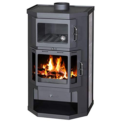 Poêle à bois Victoria Taro F noir à habillage céramique, avec four et plaque de cuisson en fonte